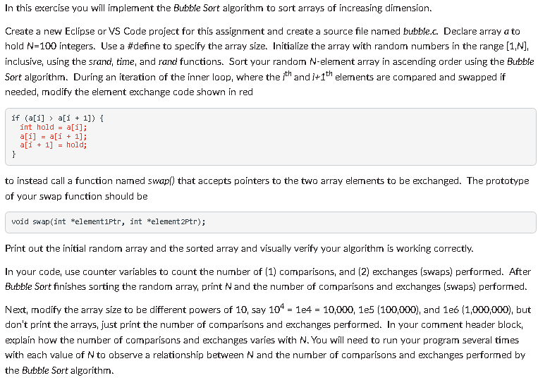 Solved In This Exercise You Will Implement The Bubble Sort | Chegg.com