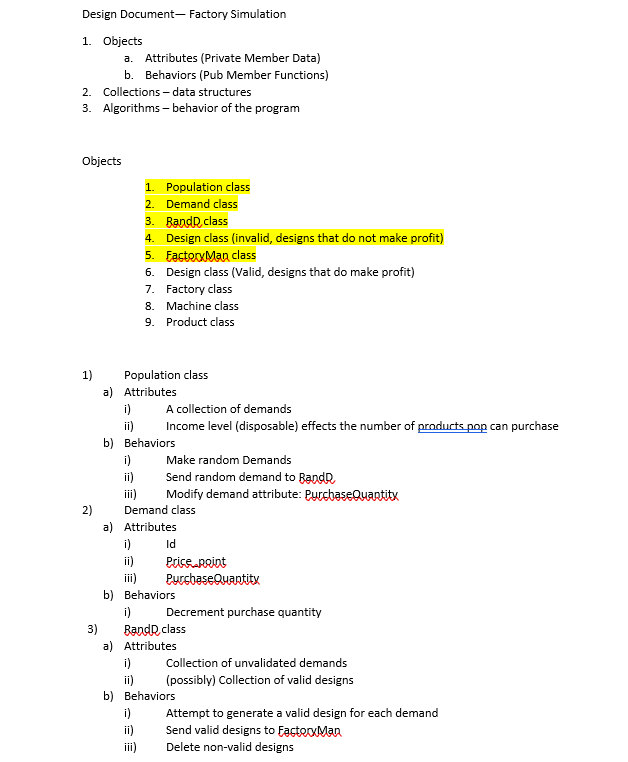 Solved Design Document- Factory Simulation 1. Objects a. | Chegg.com