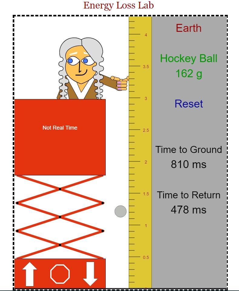 Energy Loss Lab
Earth
Hockey Ball
3.5
162 g
3
Reset
Not Real Time
2.5
Time to Ground
810 ms
2
1.5 Time to Return
478 ms
???
1