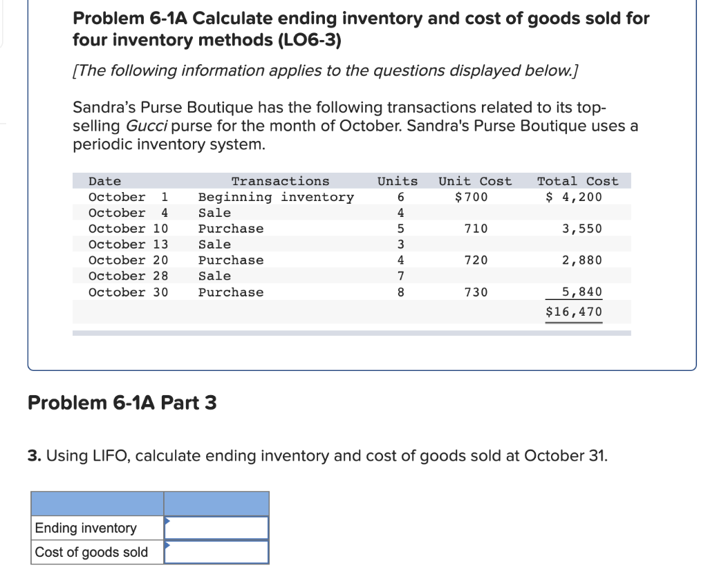 Solved Problem 6-1A Calculate Ending Inventory And Cost Of | Chegg.com