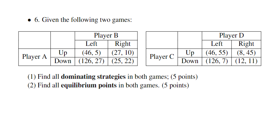 Solved - 6. Given the following two games: (1) Find all | Chegg.com