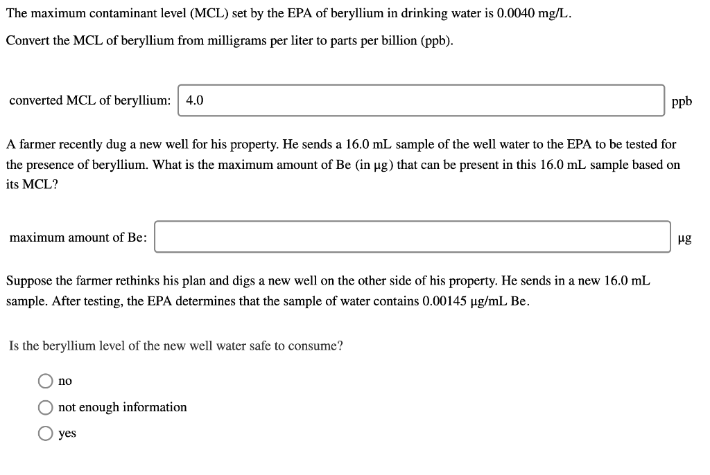 Solved The maximum contaminant level (MCL) set by the EPA of