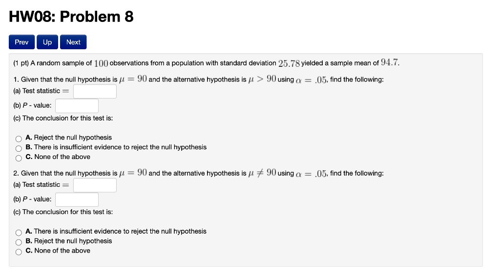 Solved HW08: Problem 8 Prev Up Next (1 pt) A random sample | Chegg.com
