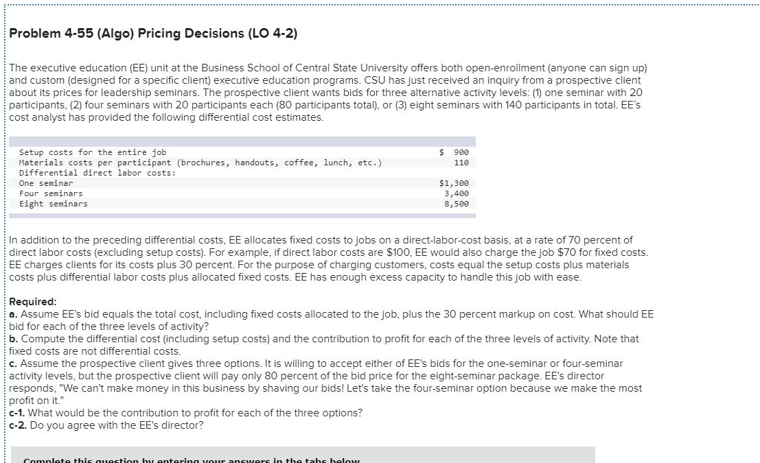 Solved Problem 4-55 (Algo) Pricing Decisions (LO 4-2) The | Chegg.com