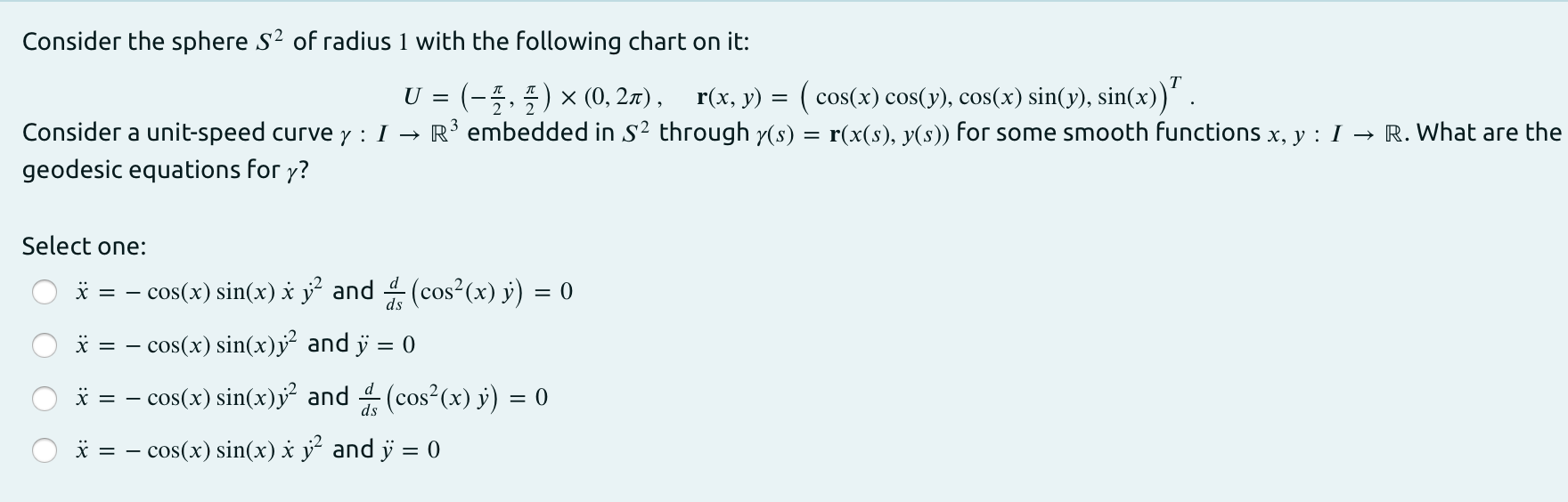Solved Consider the sphere S2 of radius 1 with the following | Chegg.com