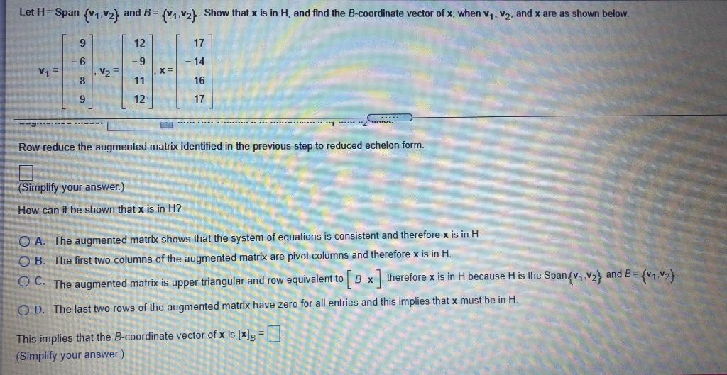 Solved Let H=Span {V1, V2) And B = {1, 2} Show That X Is In | Chegg.com