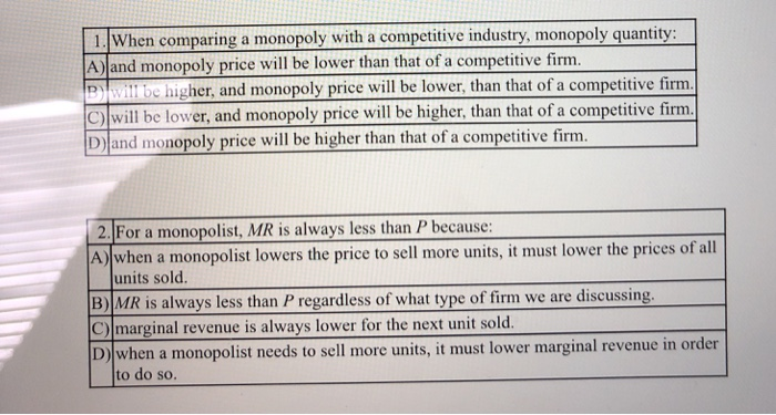 Solved 1. When comparing a monopoly with a competitive | Chegg.com
