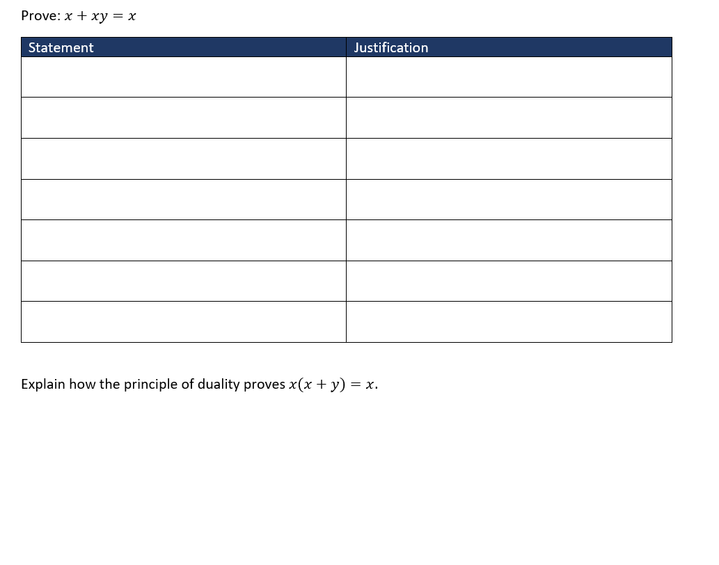 Prove: x + xy = x Statement Justification Explain how the principle of duality proves x(x + y) = x.
