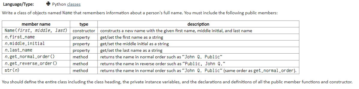 Python classes Language/Type Write a class of objects | Chegg.com