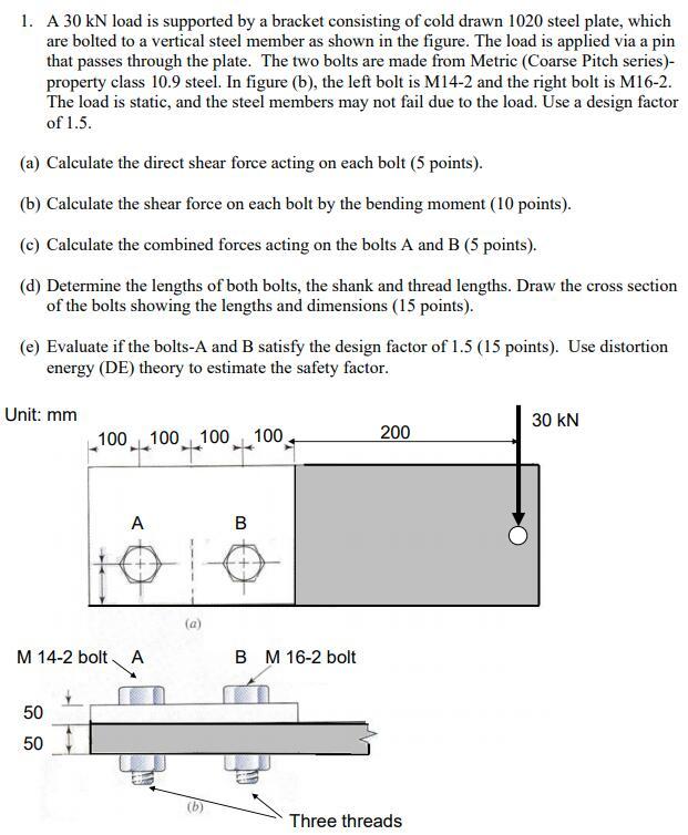 Solved 1. A 30 kN load is supported by a bracket consisting | Chegg.com