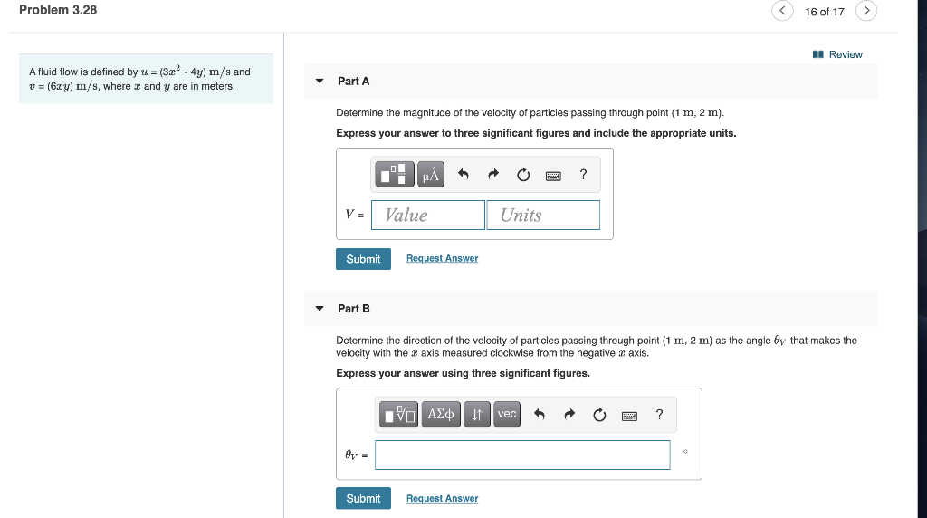 Solved Problem 3.28 16 of 17 A Review A fluid flow is | Chegg.com