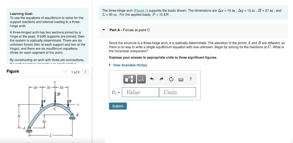 Solved The three-hinge arch (Figure 1) supports the loads | Chegg.com