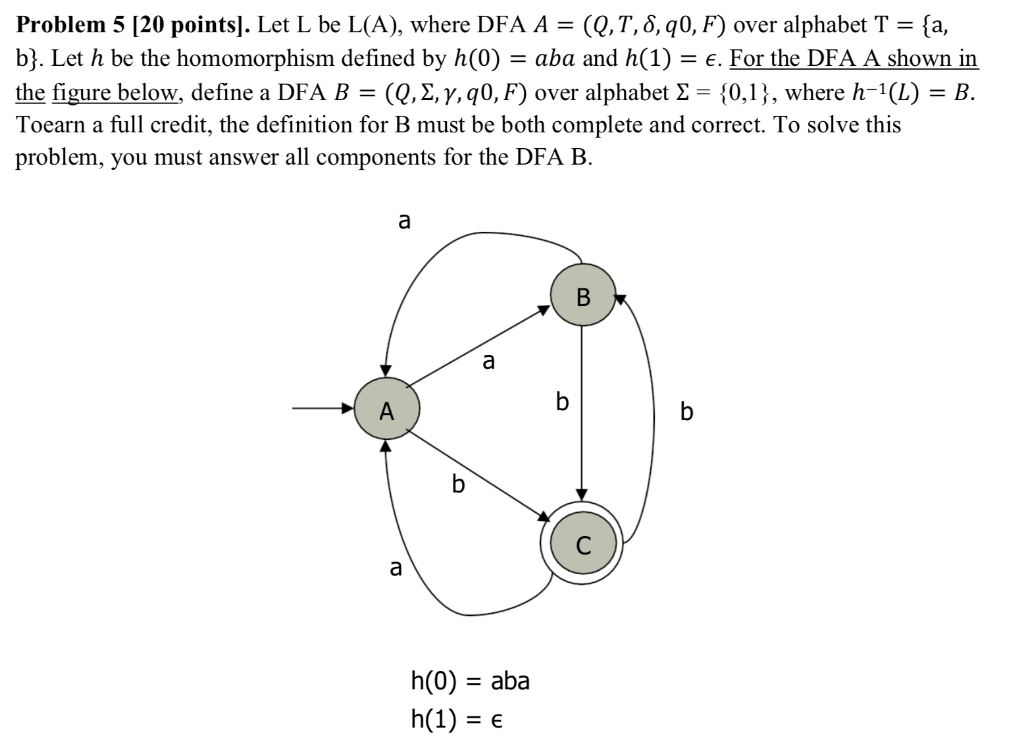Solved Problem 5 [20 points). Let L be L(A), where DFA A = | Chegg.com