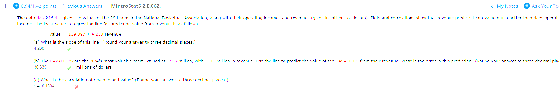 Solved 1. + 0.94/1.42 points Previous Answers MintroStat6 | Chegg.com