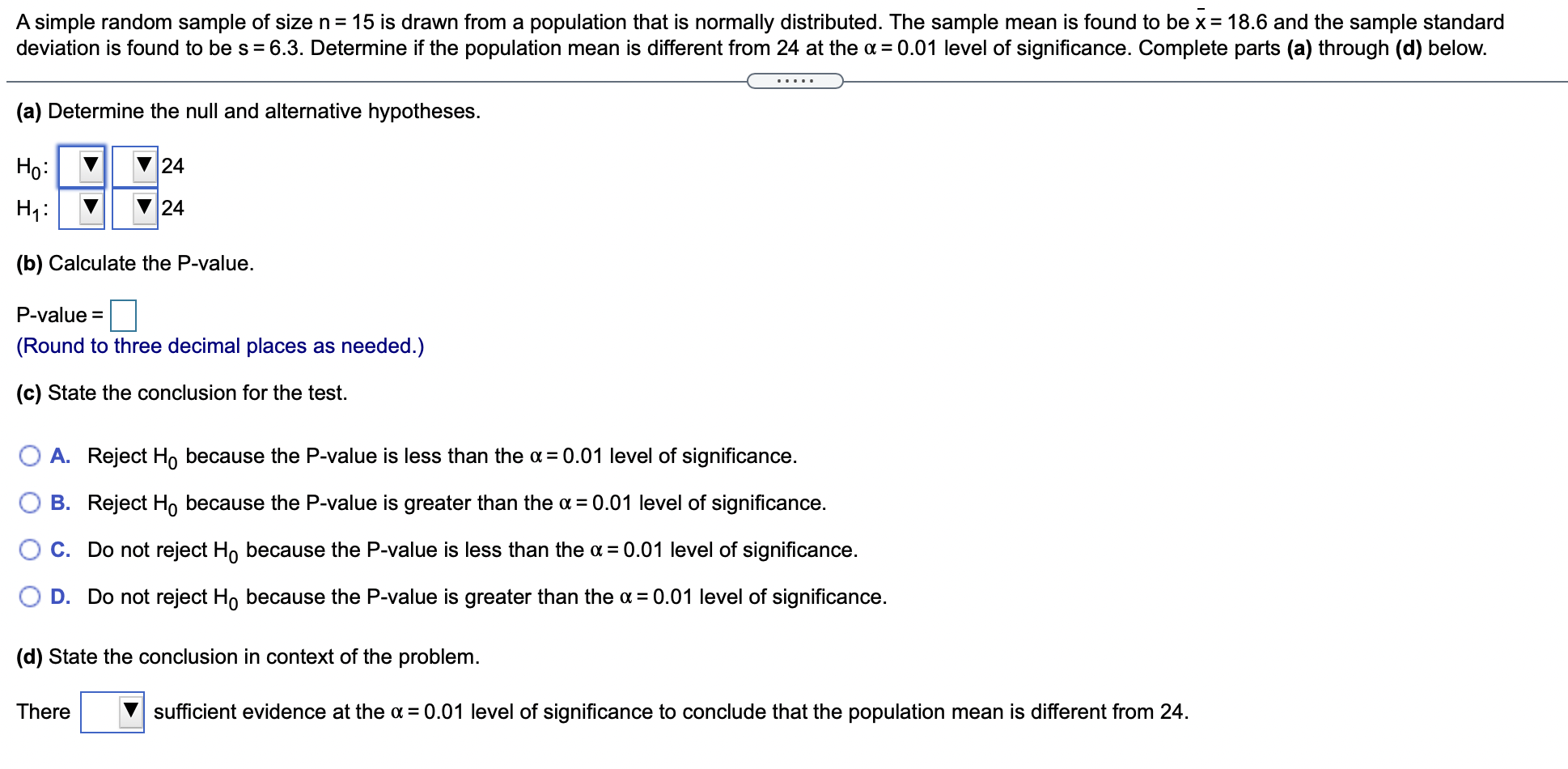 Solved A simple random sample of size n= 15 is drawn from a | Chegg.com