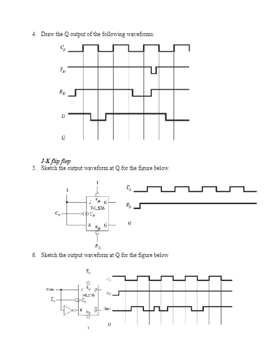 4. Draw the Q output of the following waveforms:
\( J-K \) flip flop
5. Sketch the output waveform at \( Q \) for the figure 