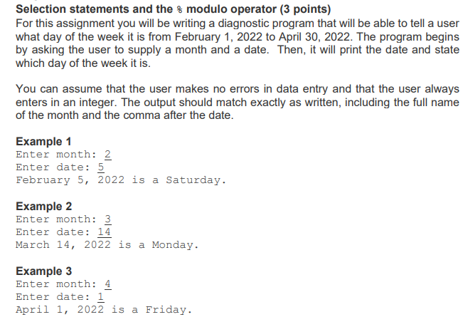 Solved Selection statements and the 8 modulo operator (3 | Chegg.com