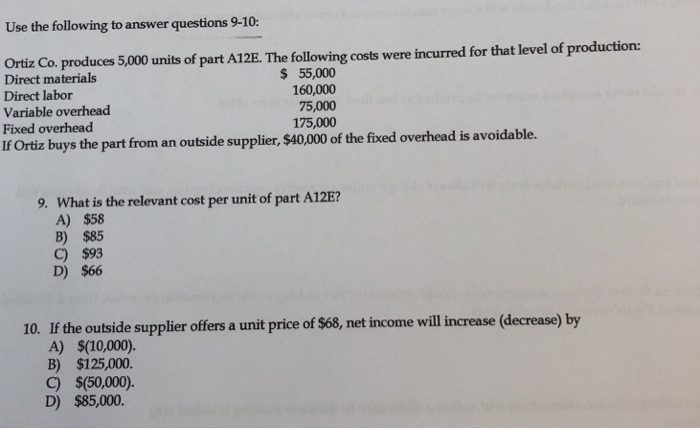 Solved Use the following to answer questions 9-10: Ortiz Co. | Chegg.com