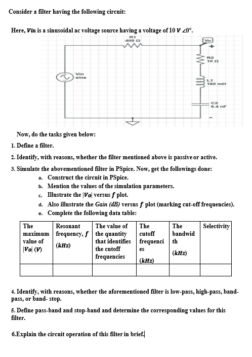 Solved Consider A Filter Having The Following Circuit: Here, | Chegg.com