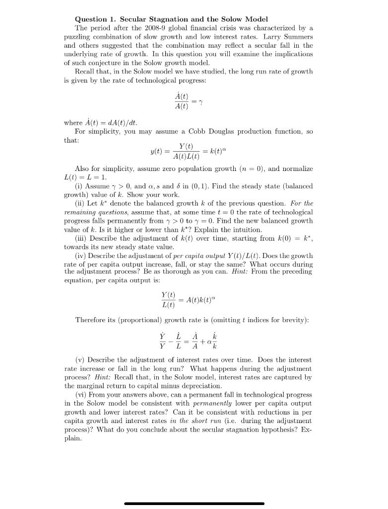 Solved Question 1. Secular Stagnation and the Solow Model | Chegg.com