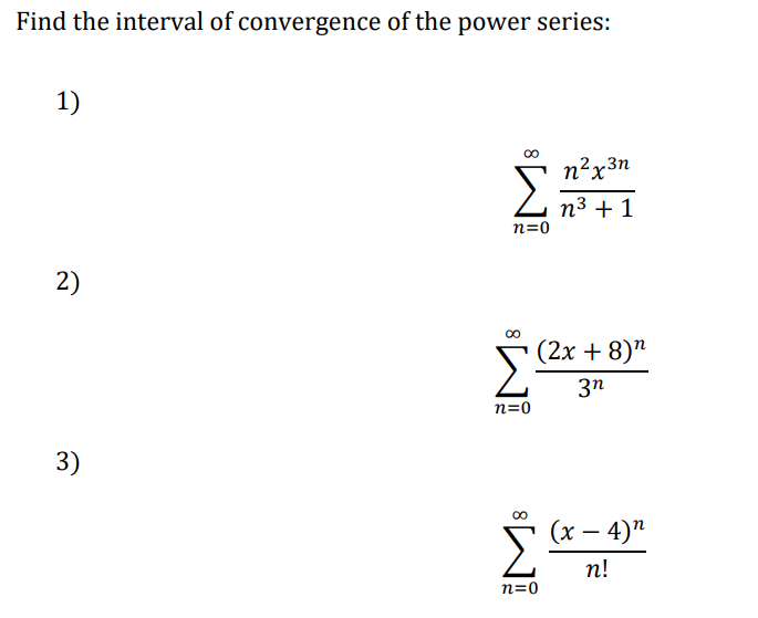Find the interval of convergence of the power series:
1)
\[
\sum_{n=0}^{\infty} \frac{n^{2} x^{3 n}}{n^{3}+1}
\]
2)
\[
\sum_{