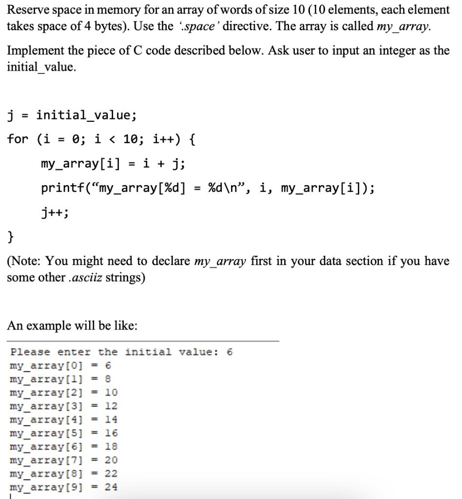 Solved Reserve space in memory for an array of words of size | Chegg.com