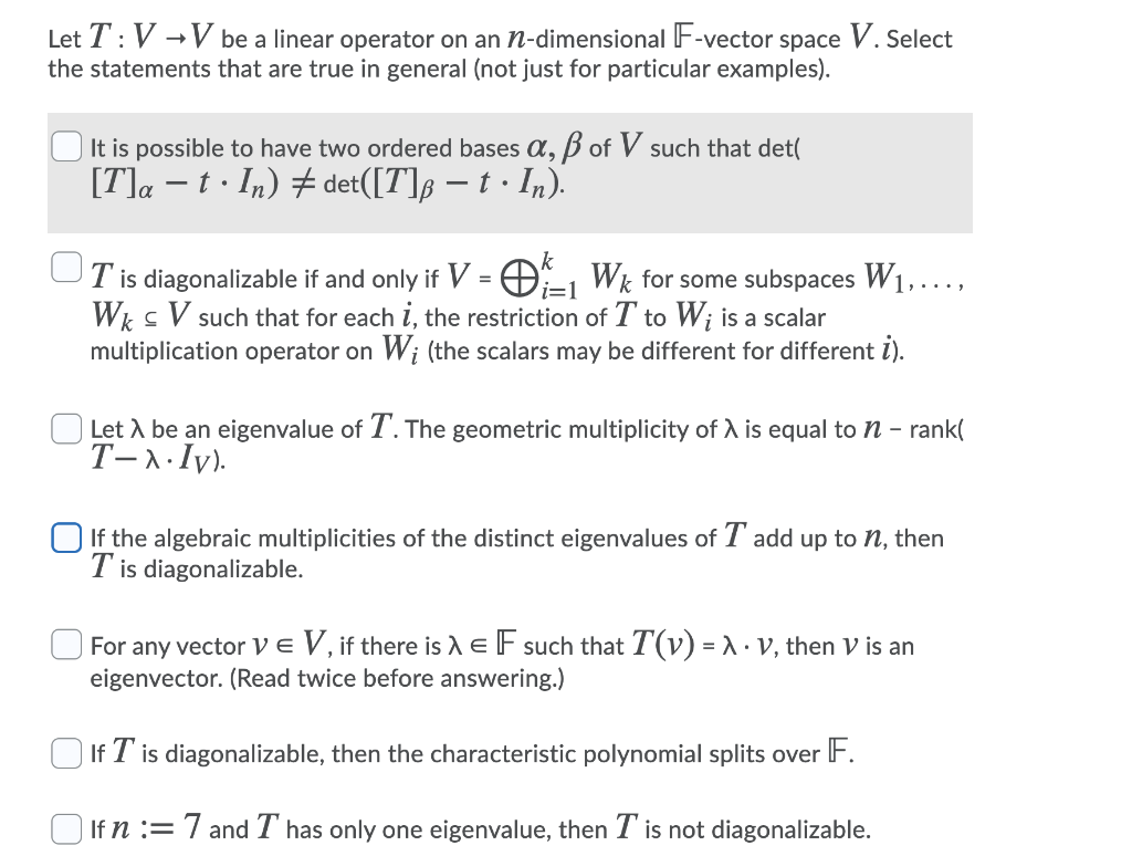 Let T Vv Be A Linear Operator On An N Dimensional Chegg Com