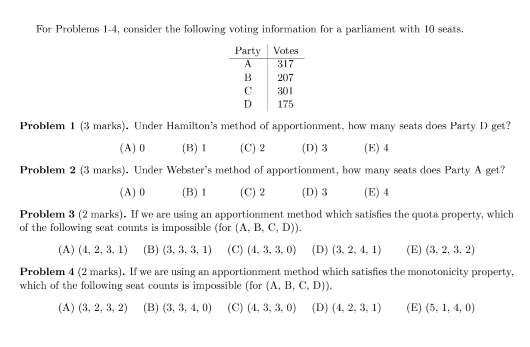 Solved For Problems 14, consider the following voting