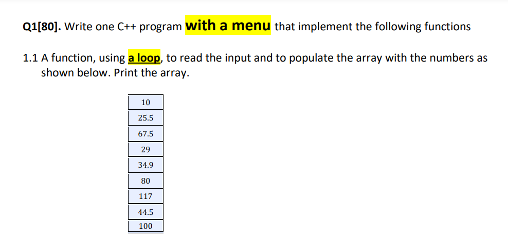 Solved Q1[80]. Write one C++ program with a menu that | Chegg.com