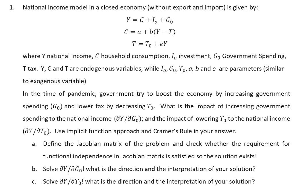 Solved 1. National income model in a closed economy (without | Chegg.com