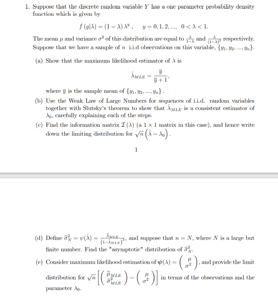 Solved 1 Suppose That The Discrete Random Variable Y Has Chegg Com