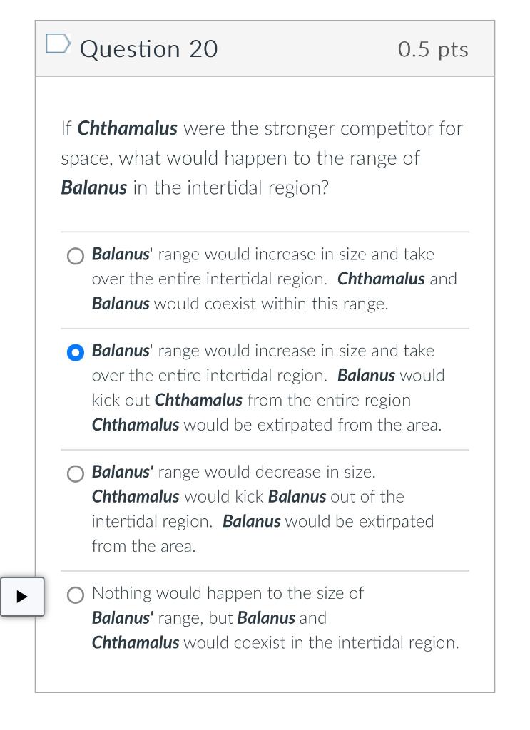 Solved Question 20 0.5pts If Chthamalus were the stronger | Chegg.com