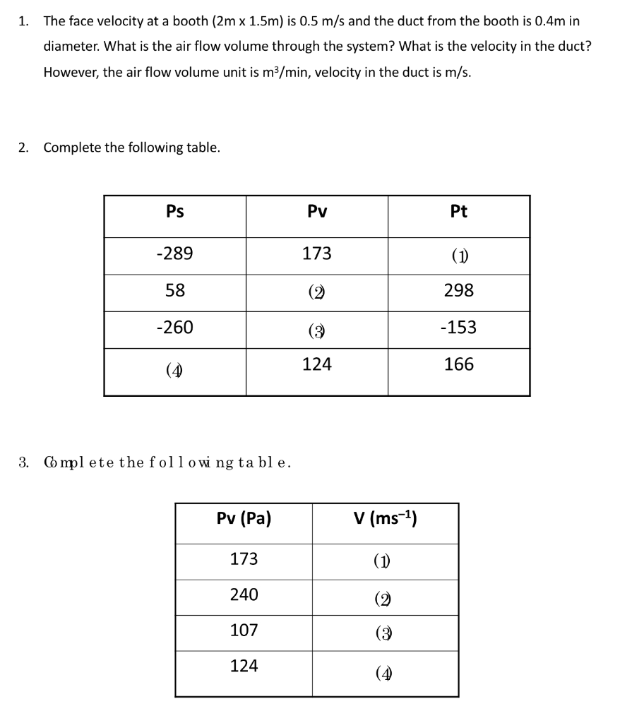 Solved 1. The face velocity at a booth (2m x 1.5m) is 0.5