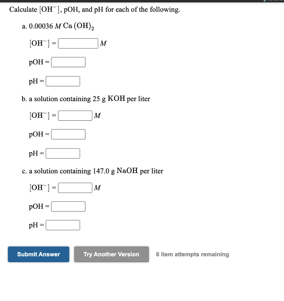 Solved Calculate Oh Poh And Ph For Each Of The Chegg Com