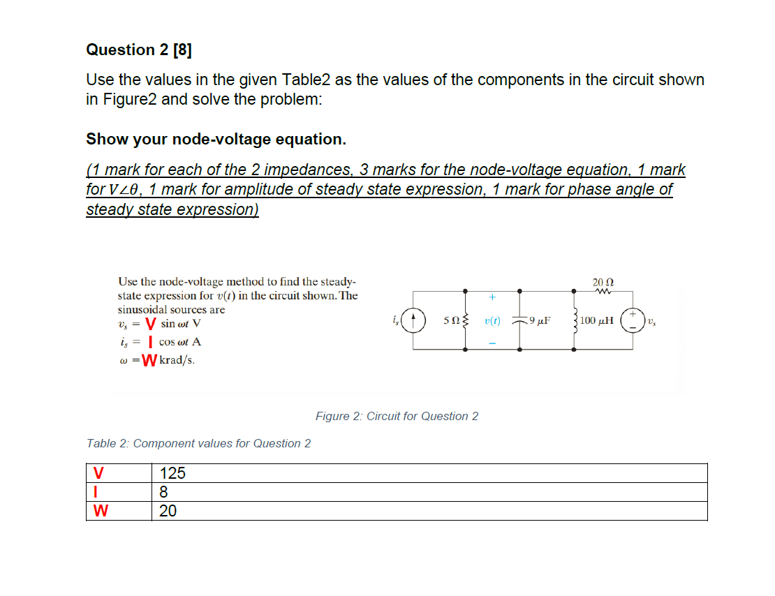 Solved Question 2 [8] Use the values in the given Table2 as | Chegg.com