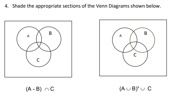 4. Shade the appropriate sections of the Venn Diagrams shown below.
\[
\begin{array}{ll}
(A-B) \cap C & (A \cup B)^{\prime} \