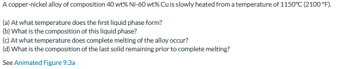 Solved A copper-nickel alloy of composition 40wt%Ni−60wt%Cu | Chegg.com