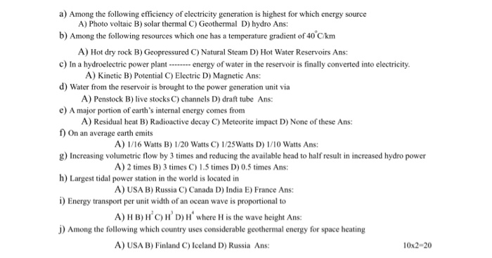 Solved a) Among the following efficieney of electricity | Chegg.com