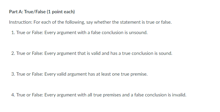 Part A: True/False (1 point each) Instruction: For | Chegg.com