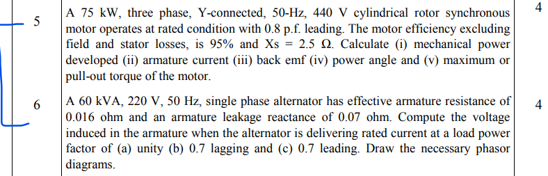 Solved 4 5 A 75 kW, three phase, Y-connected, 50-Hz, 440 V | Chegg.com