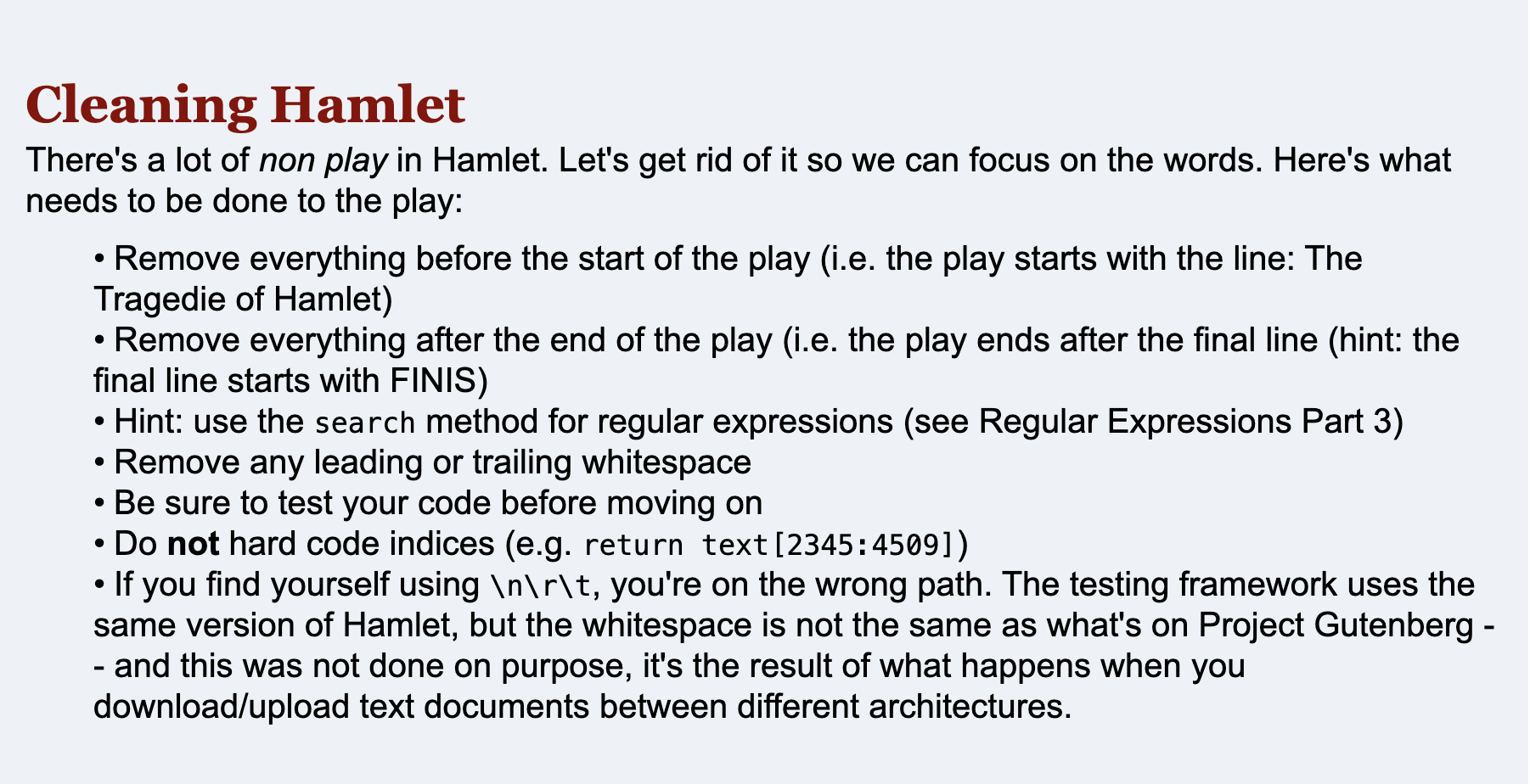 Solved . Cleaning Hamlet There's a lot of non play in | Chegg.com