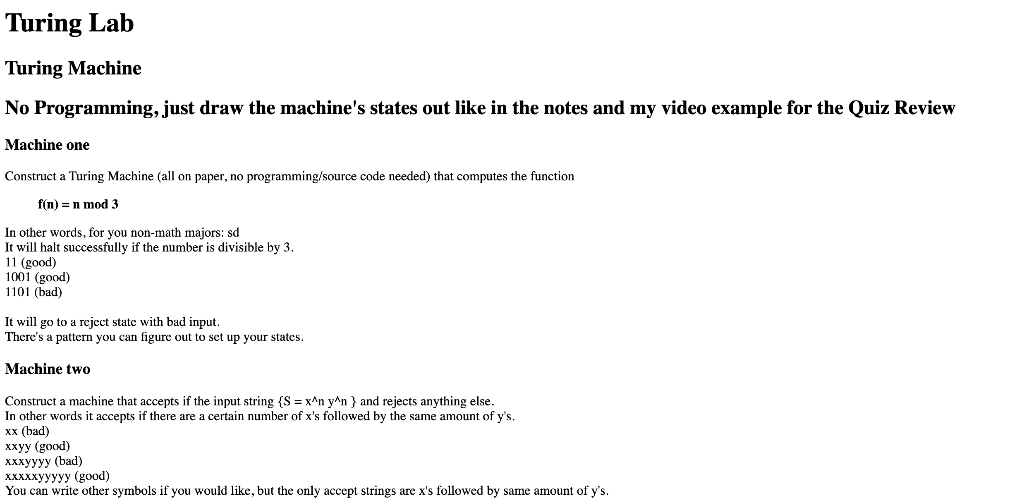 Solved Turing Lab Turing Machine No Programming, just draw | Chegg.com