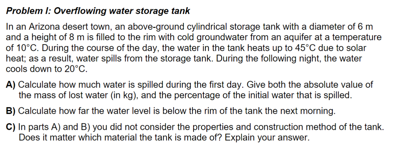 Problem I: Overflowing water storage tank In an | Chegg.com