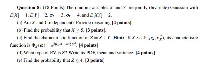 Solved Question 8 18 Points The Random Variables X And Chegg Com