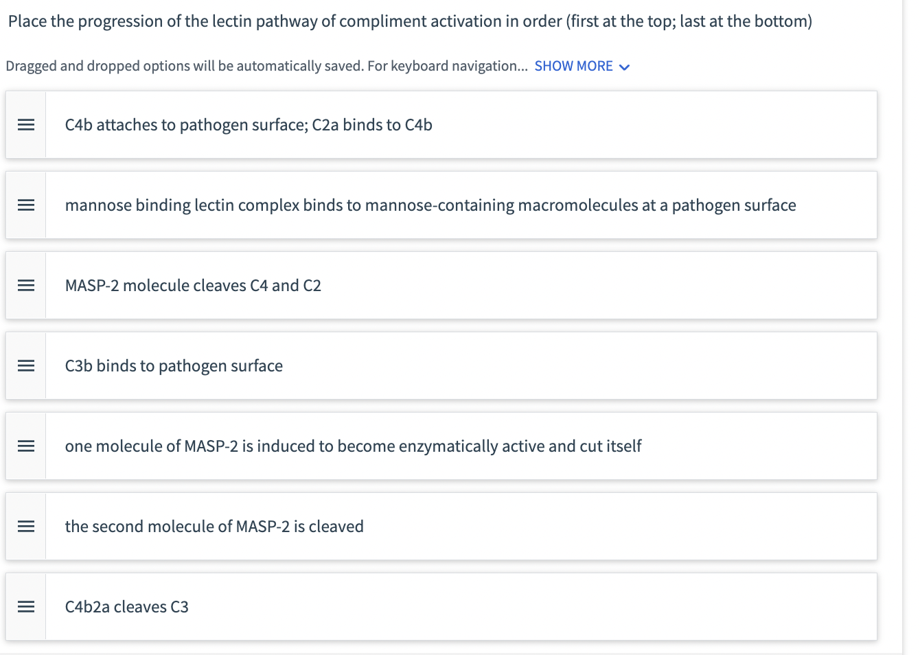 Place the progression of the lectin pathway of compliment activation in order (first at the top; last at the bottom)
Dragged 