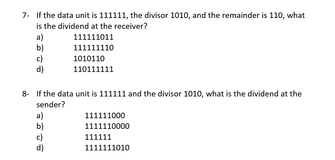 Solved 7 If the data unit is 111111 , the divisor 1010 ,
