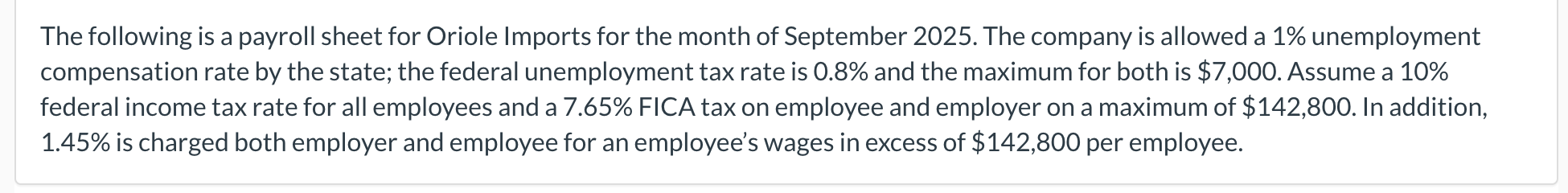 The following is a payroll sheet for Oriole Imports for the month of September 2025 . The company is allowed a \( 1 \% \) une