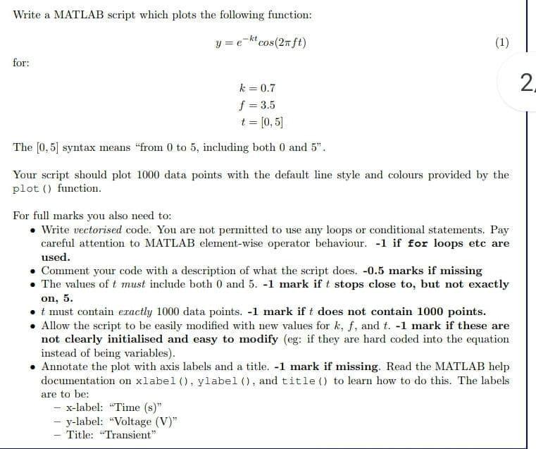Solved Write a MATLAB script which plots the following | Chegg.com