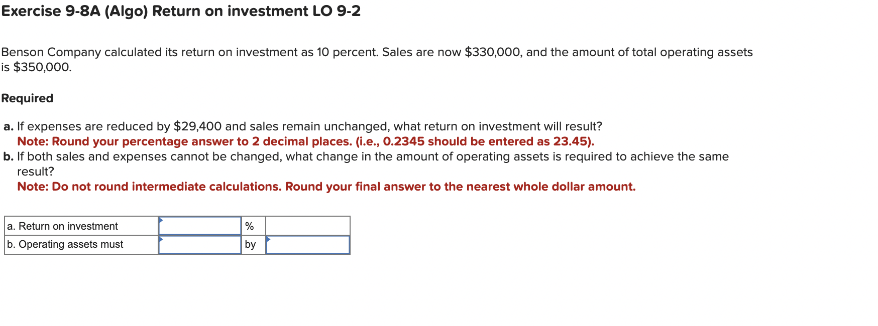 Solved Benson Company calculated its return on investment as