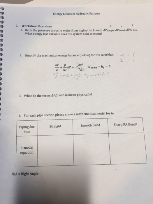 Solved Energy Losses in Hydraulic Systems C. Worksheet